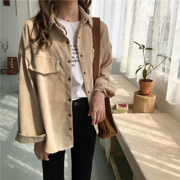 

19 autumn new ins korean loose and versatile corduroy shirt womens solid color casual long sleeve shirt coat ut098, White