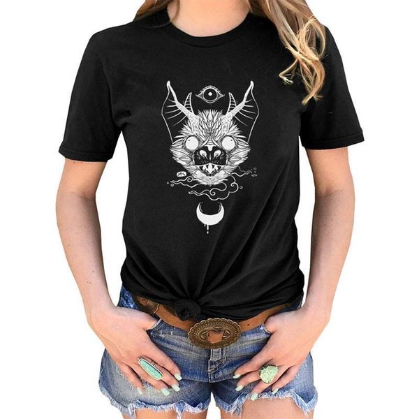 

punk gothic cat moon printed t-shirts black witch tshirts for goth girls female cotton tee, White