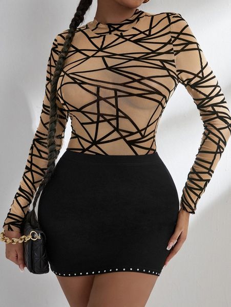 

tall geo print mock neck mesh without bra v7fd#, White