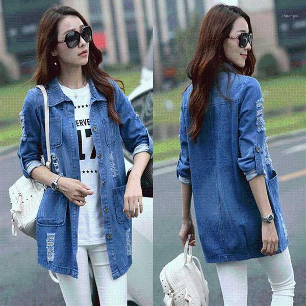 

bigsweety basic long jeans coats women slim ripped denim jacket femme elegant vintage frayed jackets outwear casacos feminino1, Black;brown