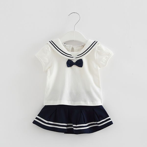 

2021 idea fish clothing preppy style new summer t-shirt+skirt 2pcs girls clothes sets pink navy whtie 0-2t yah1, White