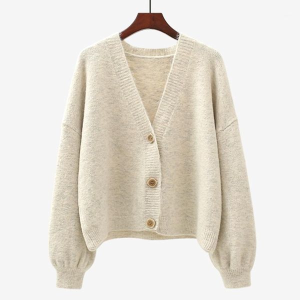 

tide spring new casual v-neck sweaters women fashion lantern sleeve sweaters solid color loose short knitting cardigans women1, White