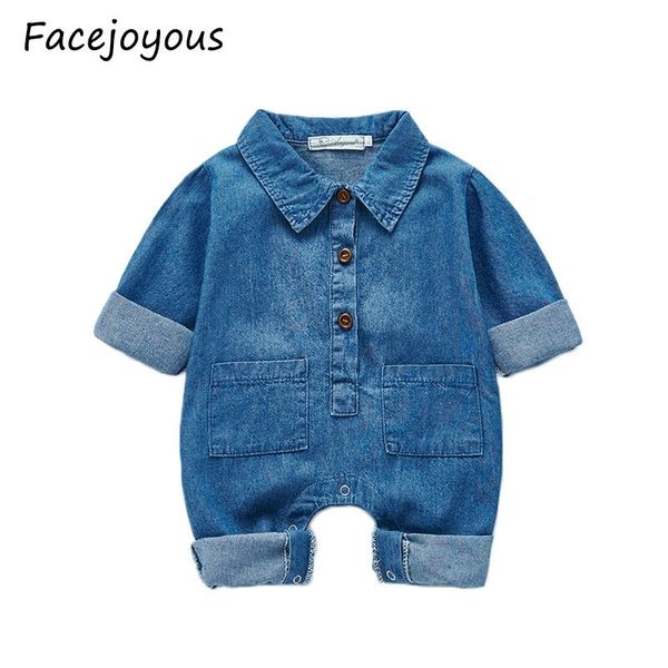 

2021 new baby long sleeve romper denim boys girls rompers lapel collar kids toddler jeans infant jumpsuit 3zyj, Blue