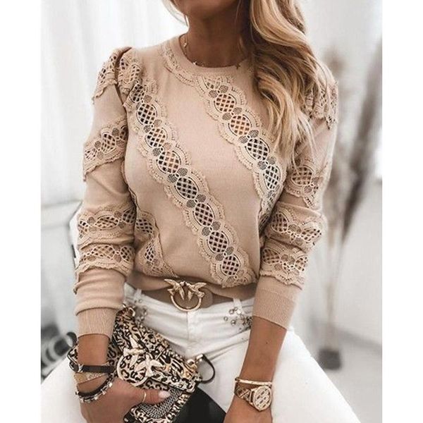 

women's blouses & shirts 2021 women blouse round neck long sleeve lace stitching knitted party clothes ruffle hollow out ladies and, White
