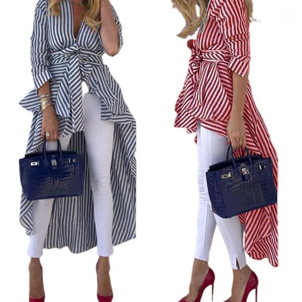 

women shirt elegant fashion striped printed long regular sleeve big open v-neck sashes decorated fit and flare clothing1, White