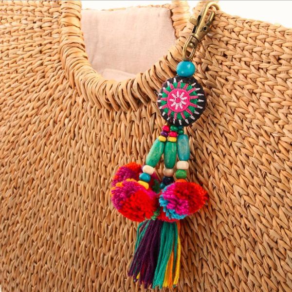 

мода pom pom tassels bearchain с деревянной жемчужиной цепочкой для ключей pompom celedring diy tassel key rings мода женские ювелирные изде