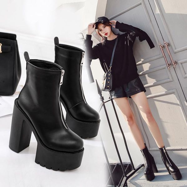 

shoes white mid-calf boots luxury designer platform round toe zipper low fashion high heel mid calf rock rubber, Black