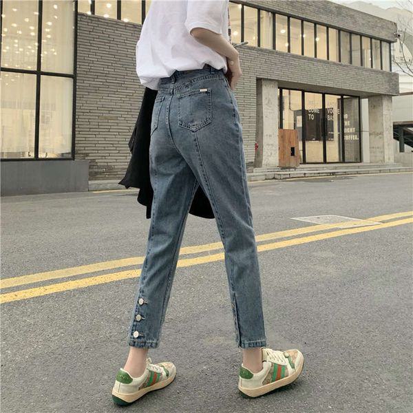 

new korean chic high waisted split button jeans for women in 2020 summer, Blue