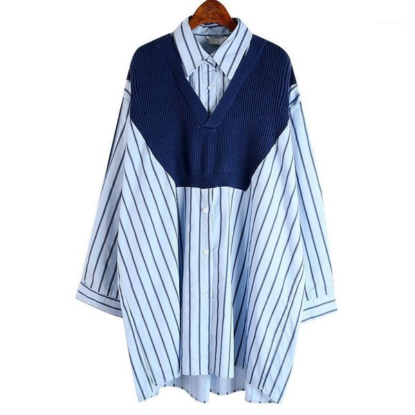 

superaen fake two-piece knitted patchwork striped shirts slimming fashion plus size autumn full blouse women1, White