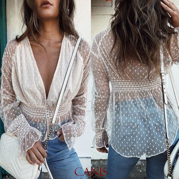 

women long flare sleeve polka dot button deep v neck loose party see-through sheer mesh ruffles shirt blouse1, White