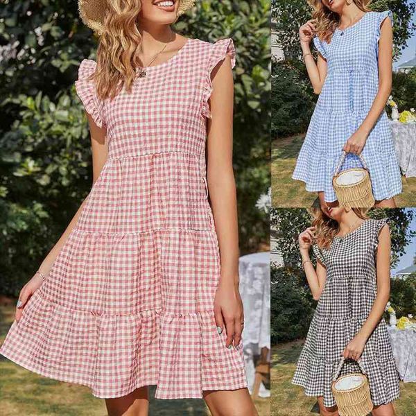 

summer dress woman plaid round neck flying fold stitching sleeve ladies dresses for women robe femme vestidos, Black;gray