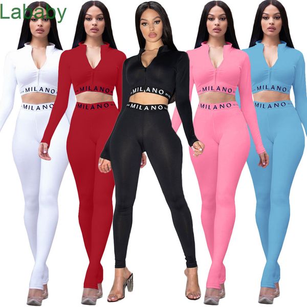 

women 2 piece outfits designer fashion letter print solid long sleeve zip pencli pants set ladies casual multicolor suits fall new, White