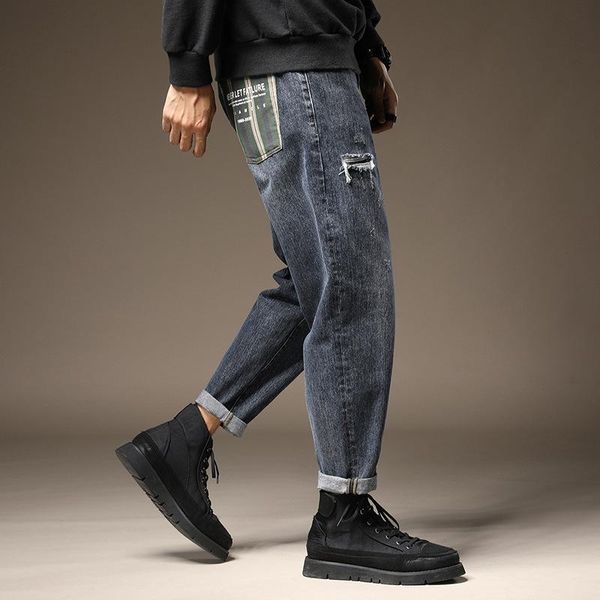 

street fashion with holes jeans male fashion and personality wide-leg men's jeans loose casual men's trousers manufacturer, Blue