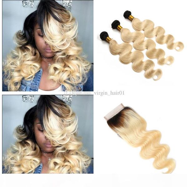 

body wave human hair dark roots lace closure with baby hair malaysian virgin hair blonde 3 bundles with lace closure for black women, Black;brown
