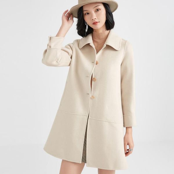 

women's wool & blends [elegant temperament] 2021 autumn and winter coat mid-length solid color double-sided woolen women, Black