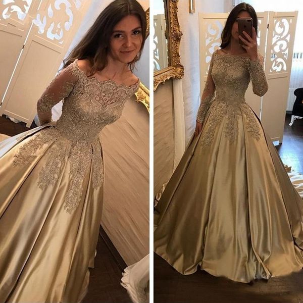 Elegante Gold Gold Bateu Neck Vestidos 2021 mangas compridas Top Lace Appliques Long Satin Prom Festa Dress Mulheres Long Formal Wear Noivado