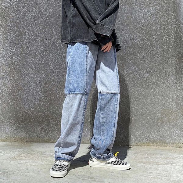 

3xl plus size washed vintage mens wide leg jeans streetwear casual straight style long denim jean homme 2020 patchwork jeans, Blue