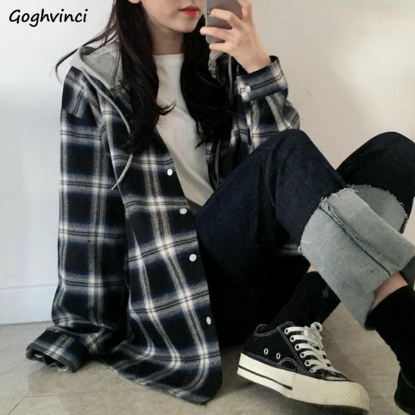 

basic jackets women long sleeve plaid hooded lace-up patchwork womens outwear preppy-style students ulzzang casual bf fashion1, Black;brown