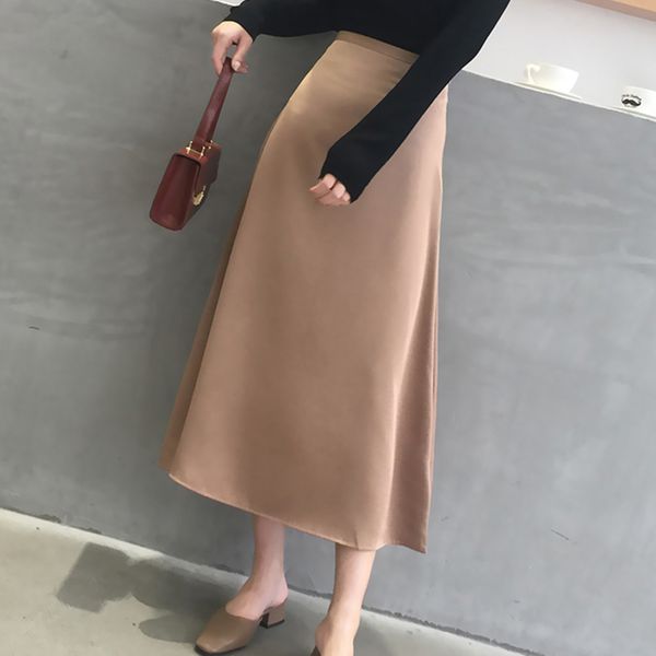 

2020 new spring summer solid silk skirts womens a-line satin midi skirt vintage high waist black zipper skirts jupe falda 9645 q1209