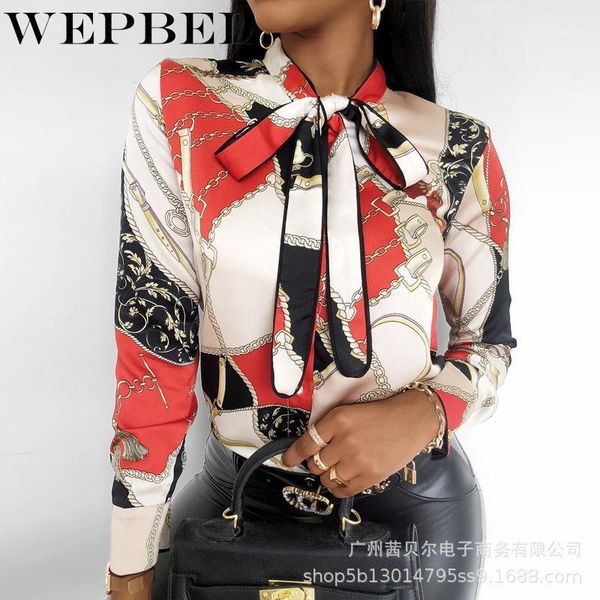 

wepbel women elegant loose scarf collar shirt casual long sleeve new fashion blouse1, White