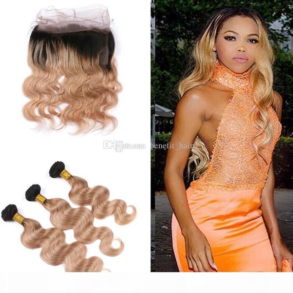 

ombre pre plucked 360 full lace band frontal with hair bundles #1b 27 body wave hair bundles with 360 frontal, Black;brown