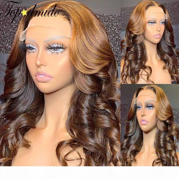 

dmido blonde brown highlight color brazilian hair lace front wigs 13x6 body wave remy human hair lace front glueless wig, Black;brown
