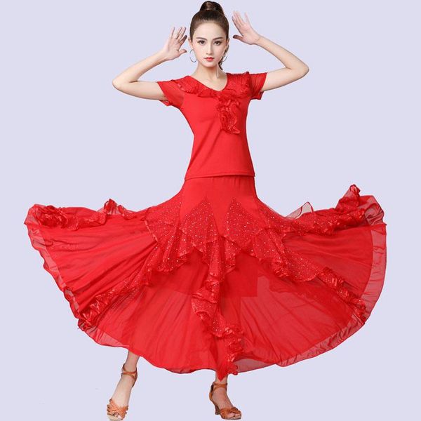 

stage wear 2pcs/set lady ballroom dance set female large swing skirt social dancing square performance sequin costume, Black;red