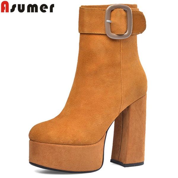 

asumer big size 34-43 suede leather boots round toe ladies autumn winter boots square high heels platform women 2020 new, Black