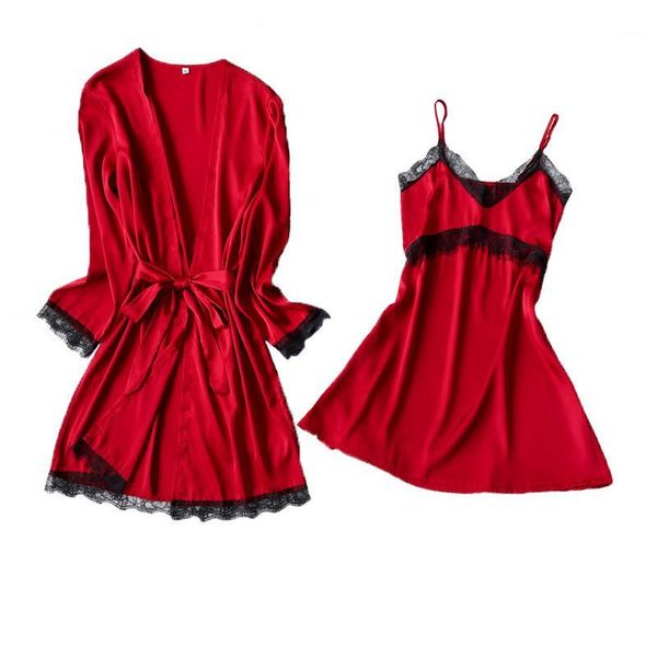 

new 2 pieces nightgown sets satin wedding bride bridesmaid robes female nightdress bathrobe suit dressing gown for women1, Black;red