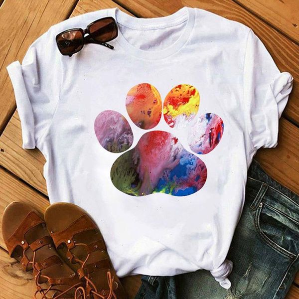 

dog paw heart print tshirt women cute short sleeve fashion t shirt women clothing tees female t shirt woman clothes, White