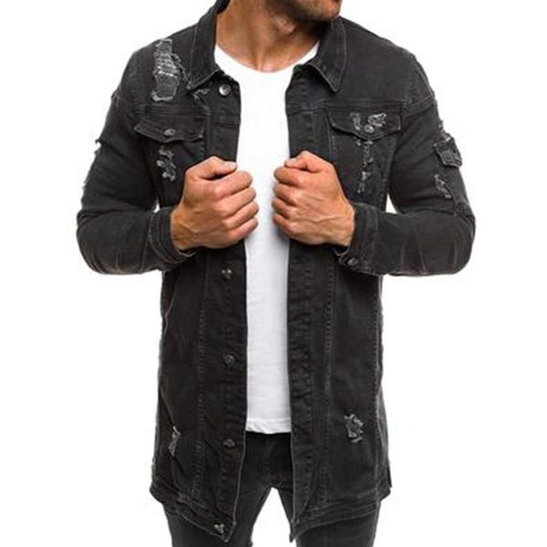 

man ripped beggar denim jacket fashion trend long sleeve button lapel outerwear male spring new casual slim mid-length denim coats, Black;brown