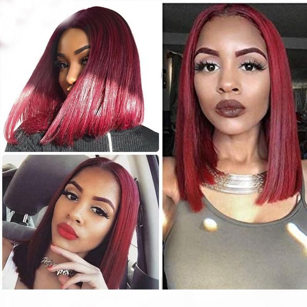 

short bob red silky straight lace front human hair wigs preplucked 99j remy burgundy wig full lace wig with baby hair 360 lace frontal wig, Black