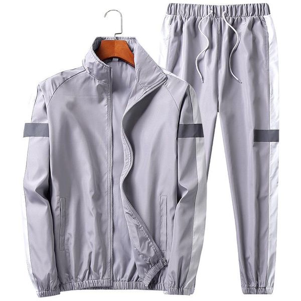 

new spring, autumn and winter men's two-piece reflective casual men's sportswear jacket with hood + jogger outdoor sports pants, Gray