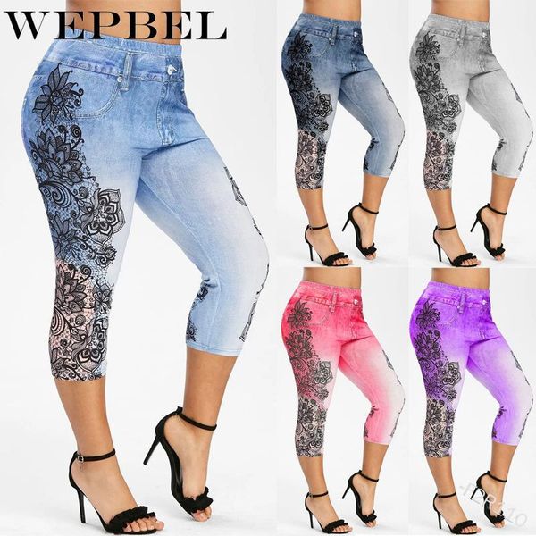 

wepbel women's fashion lace pencil denim jeans lady 3/4 skinny slim hip pants sport outdoor yoga trousers tight leggings1, Blue