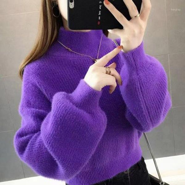 

short sweater purple solid kawaii soft woolen winter girls mohair autumn pullover lantern sleeves loose cashmere velvet knitted1, White;black
