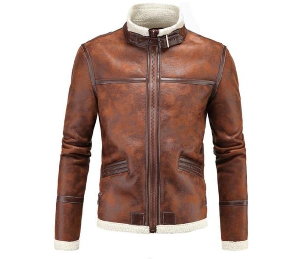 

men's fur & faux autumn leather jacket men winter thicken warm coat slim jackets jaqueta de couro fashion stand collar brown, Black