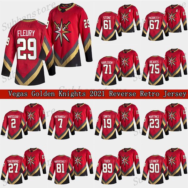 

vegas golden knights 2021 reverse retro jersey 29 marc-andre fleury 61 mark stone 71 karlsson 7 pietrangelo 75 reaves hockey jerseys, Black;red