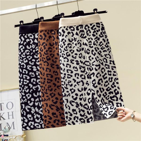 

skirts winter vintage women leopard print knitted skirt lady slim high waist split pencil hip package step bodycon work wear, Black