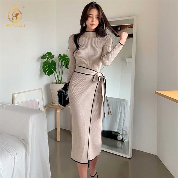 

hma autumn winter korean style temperament dress ladies slim waist lace-up knitted mid-length sweater dress vestidos 211221, Black;gray