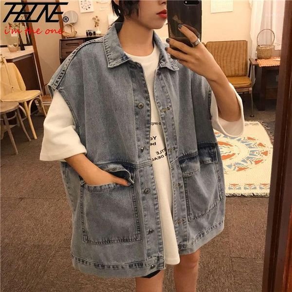 

thhone denim vest women jeans waistcoat loose style jeans sleeveless jackets big pockets black chalecos para mujer gilet femme1, Black;white