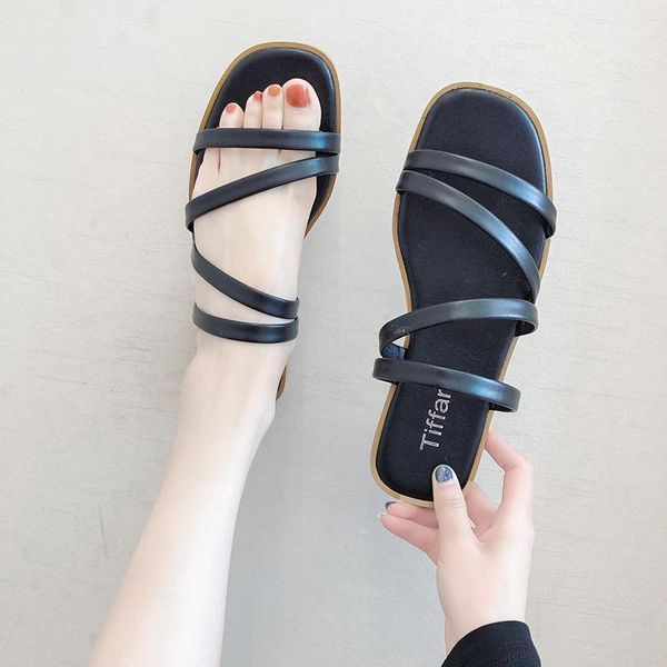 

women slippers sandals casual beach flat bottom wide open toe soft comfortable slides non-slide flat heel holiday sand shoes1, Black