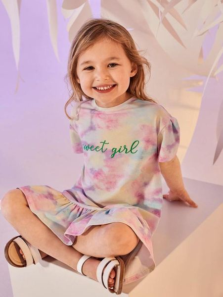 

toddler girls letter graphic tie dye dress she, Red;yellow