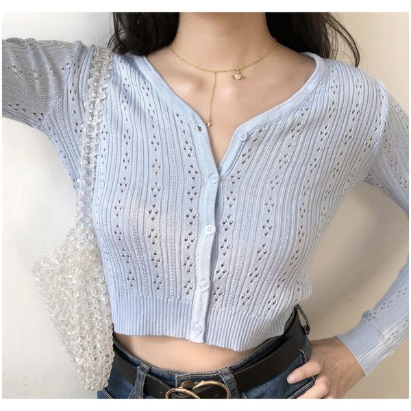 

schinteon women knitted cardigan sweater v collar holllow out jacket short outwear knitwear knitting f bbyquu, Black