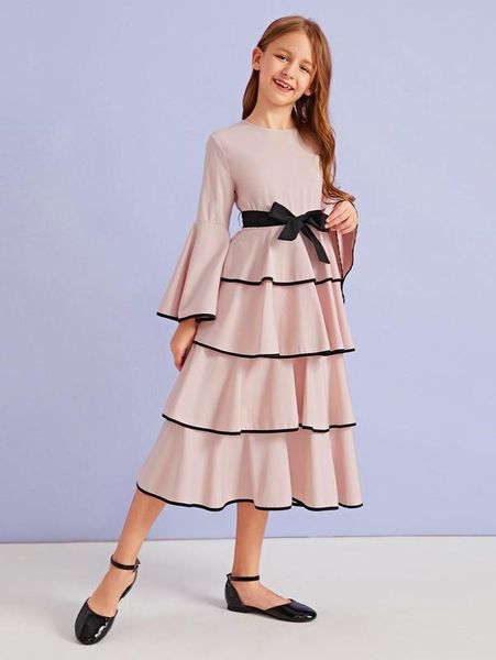 

girls contrast binding layered ruffle hem belted dress she, Red;yellow