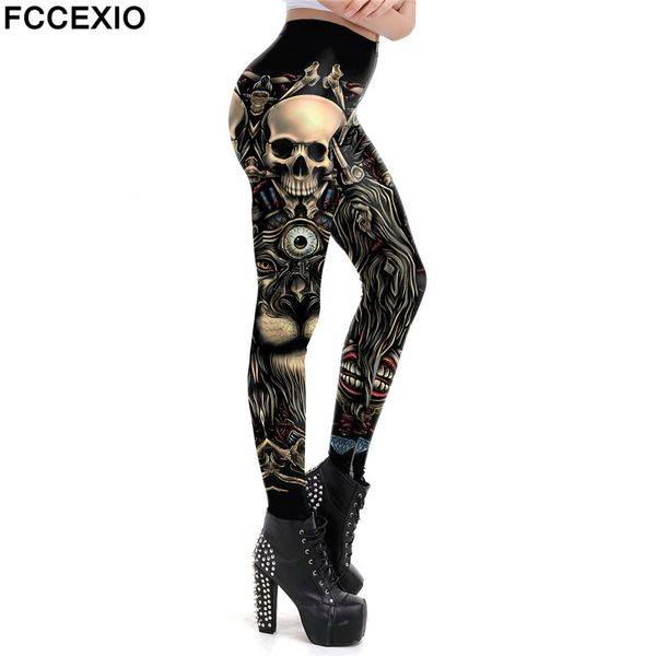 

fccexio fashion skull new design punk women legging gothic style lion retro vintage steampunk leggins ankle pants cosplay leggin h1210, Black