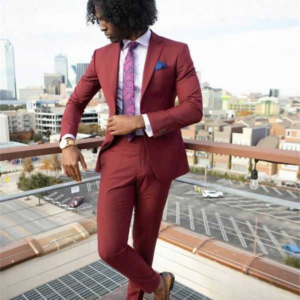 Şarap Kırmızısı İnce Mens Suits 2 adet Damat Sağdıç Pantolon Suit İş Düğün Uyarlanmi Blazer (Ceket + Pantolon)