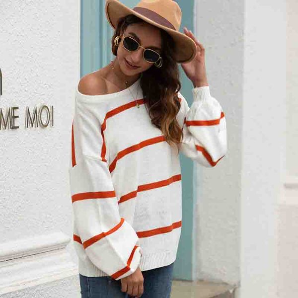 

women designers clothes 2020 fashion round collar cardigan dew shoulder lantern sleeve loose type pullover stripe fall sweaters women, White;black