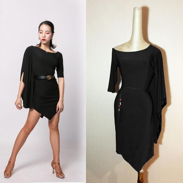 

stage wear latin dance costumes black bat-sleeve rumba dress professional competition samba outfit dql27801, Black;red