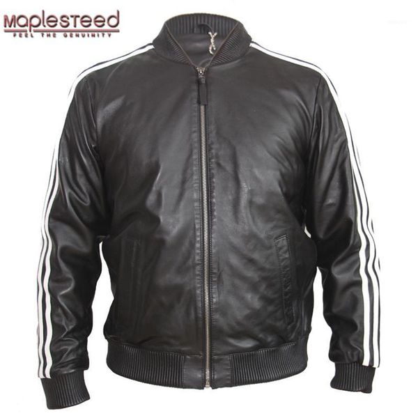 

maplesteed men's leather jacket 100% sheep skin black red white stripes spring autumn male leather jackets boy coat m1381
