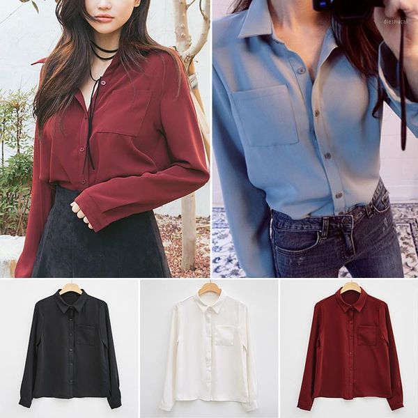 

2020 women new elegant long sleeve turn-down collar button down loose chiffon blouse casual shirt office ladies plus size1, White